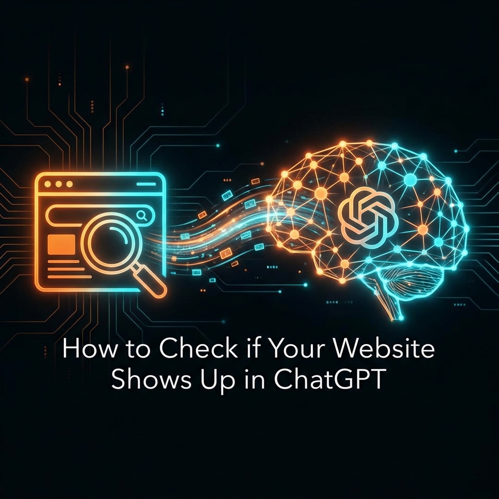 An illustration showing a path from a traditional website search interface to a glowing AI brain, representing ChatGPT visibility.