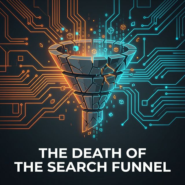 An editorial illustration of a shattering marketing funnel on a dark charcoal background with orange and cyan circuit lines and text saying THE DEATH OF THE SEARCH FUNNEL.