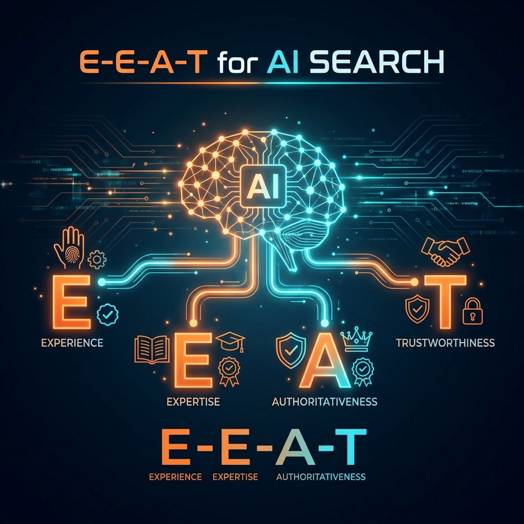 An editorial illustration featuring a glowing AI brain connected to nodes representing Experience, Expertise, Authoritativeness, and Trustworthiness (E-E-A-T).
