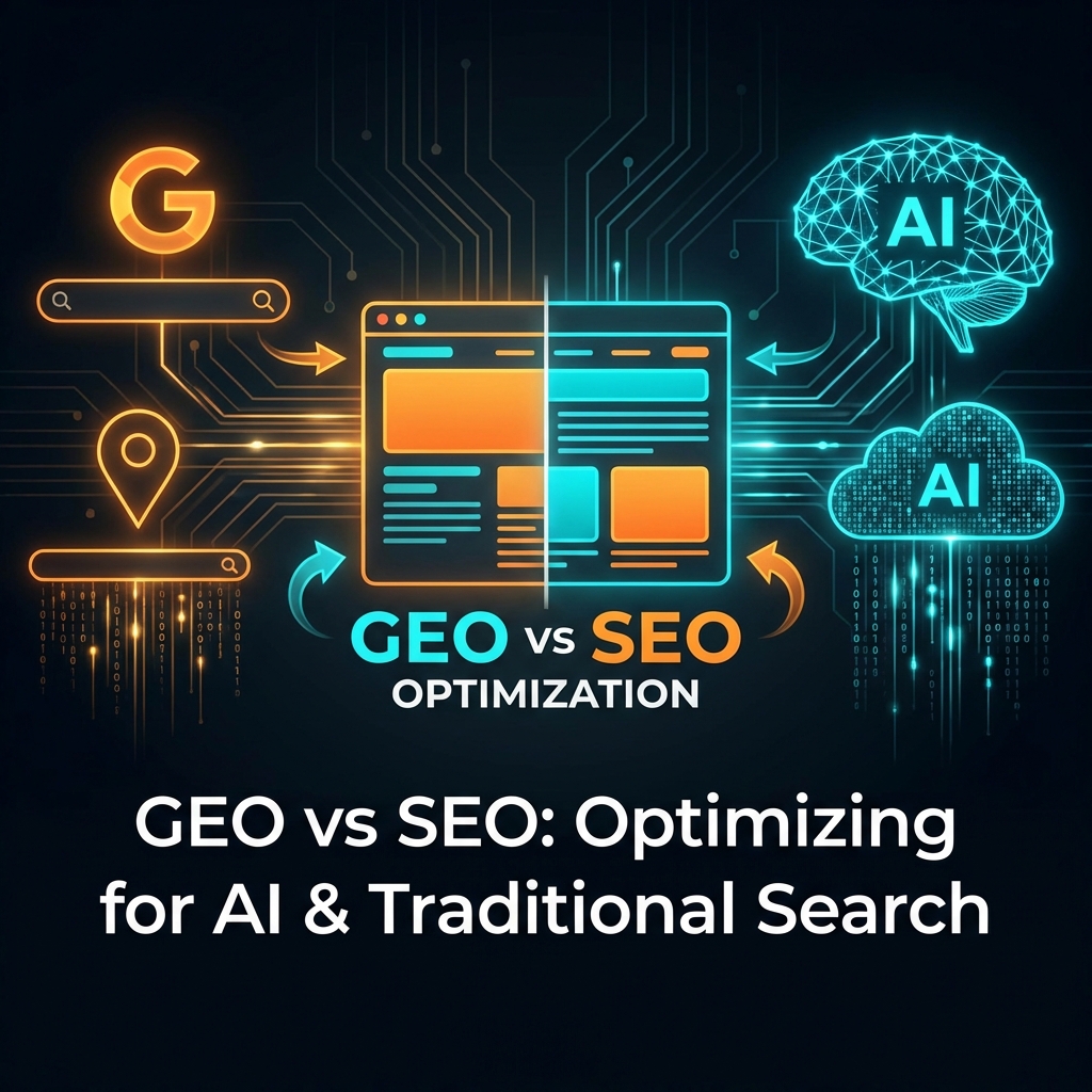 A split illustration comparing traditional Google search (SEO) with AI-generated answers (GEO), featuring a glowing brain and search icons on a circuit-themed background.