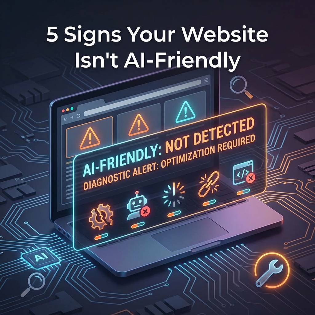 A laptop screen showing a diagnostic alert titled AI-FRIENDLY: NOT DETECTED, with warning symbols for robots, code, and speed on a circuit background.