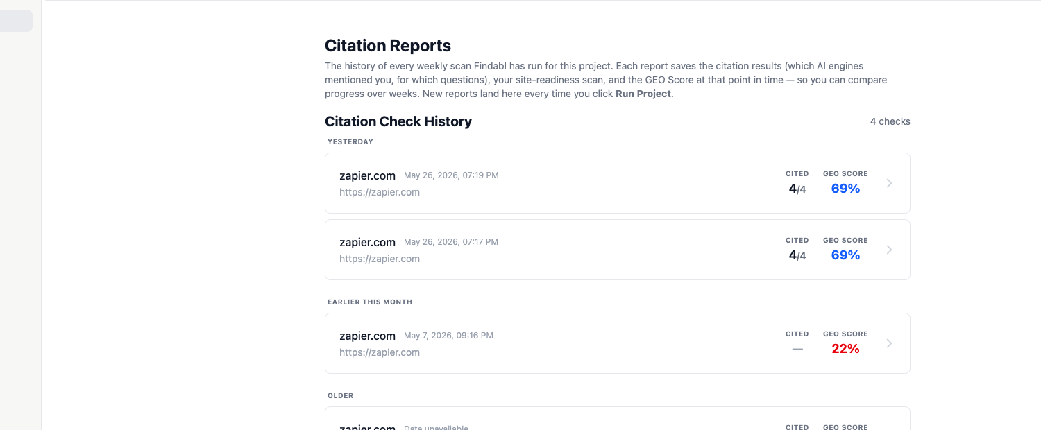 Findabl Citation Reports, historical scan-to-scan comparison with deltas and confidence intervals